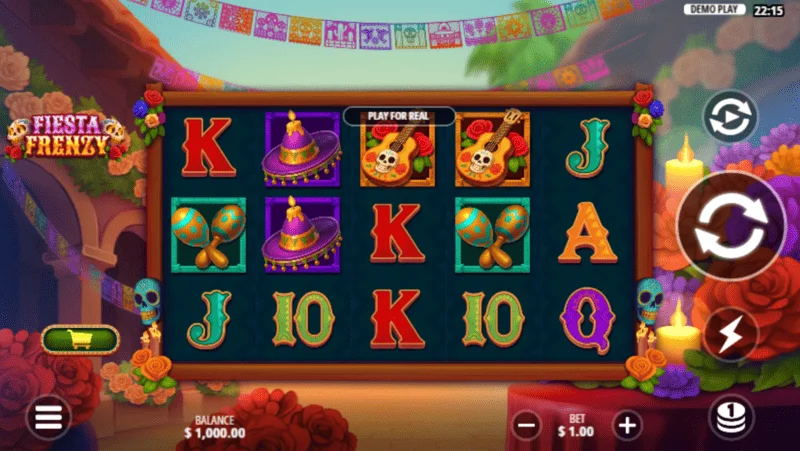 Fiesta Frenzy - екран на играта с барабани и мексиканска иконография